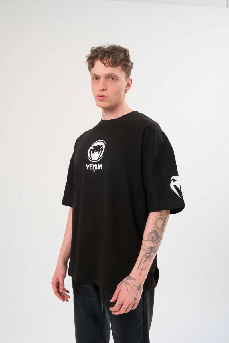 Erkek Kısa Kol Tişört Göğüs ve Kol Bisiklet Yaka Baskılı T-Shirt - Siyah