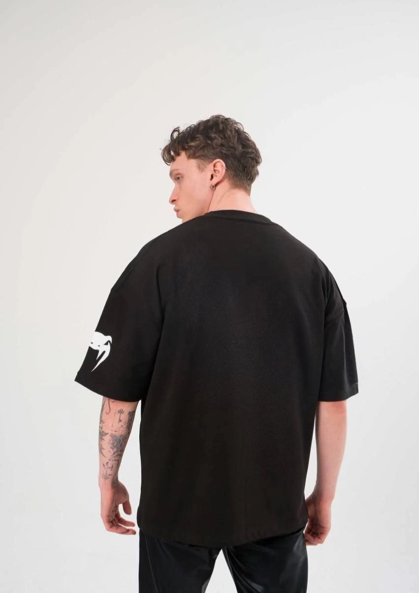 Erkek Kısa Kol Tişört Göğüs ve Kol Bisiklet Yaka Baskılı T-Shirt - Siyah