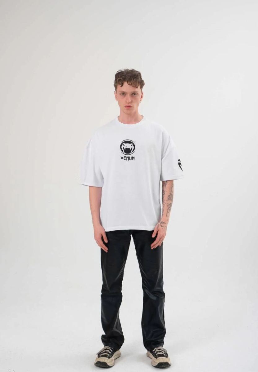 Erkek Kısa Kol Tişört Göğüs ve Kol Bisiklet Yaka Baskılı T-Shirt - Beyaz