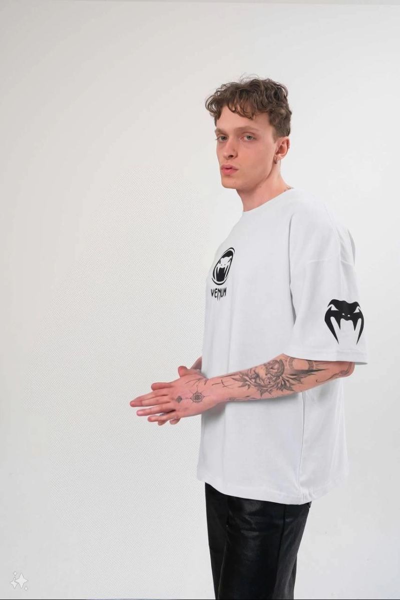 Erkek Kısa Kol Tişört Göğüs ve Kol Bisiklet Yaka Baskılı T-Shirt - Beyaz