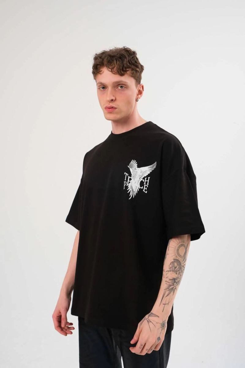 Erkek Kısa Kol Yazlık Tişört Bisiklet Yaka Baskılı Oversize T-Shirt - Siyah