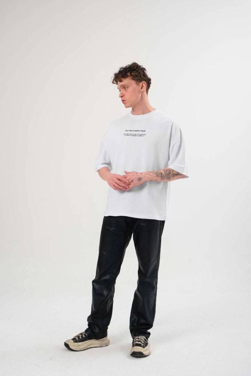 Erkek Kısa Kol Yazlık Tişört Bisiklet Yaka Baskılı Oversize T-Shirt - Beyaz