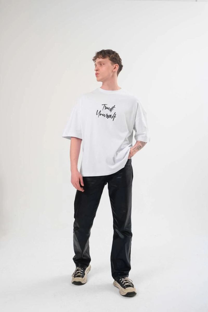 Erkek Kısa Kol Yazlık Tişört Bisiklet Yaka Baskılı Oversize T-Shirt -  Beyaz