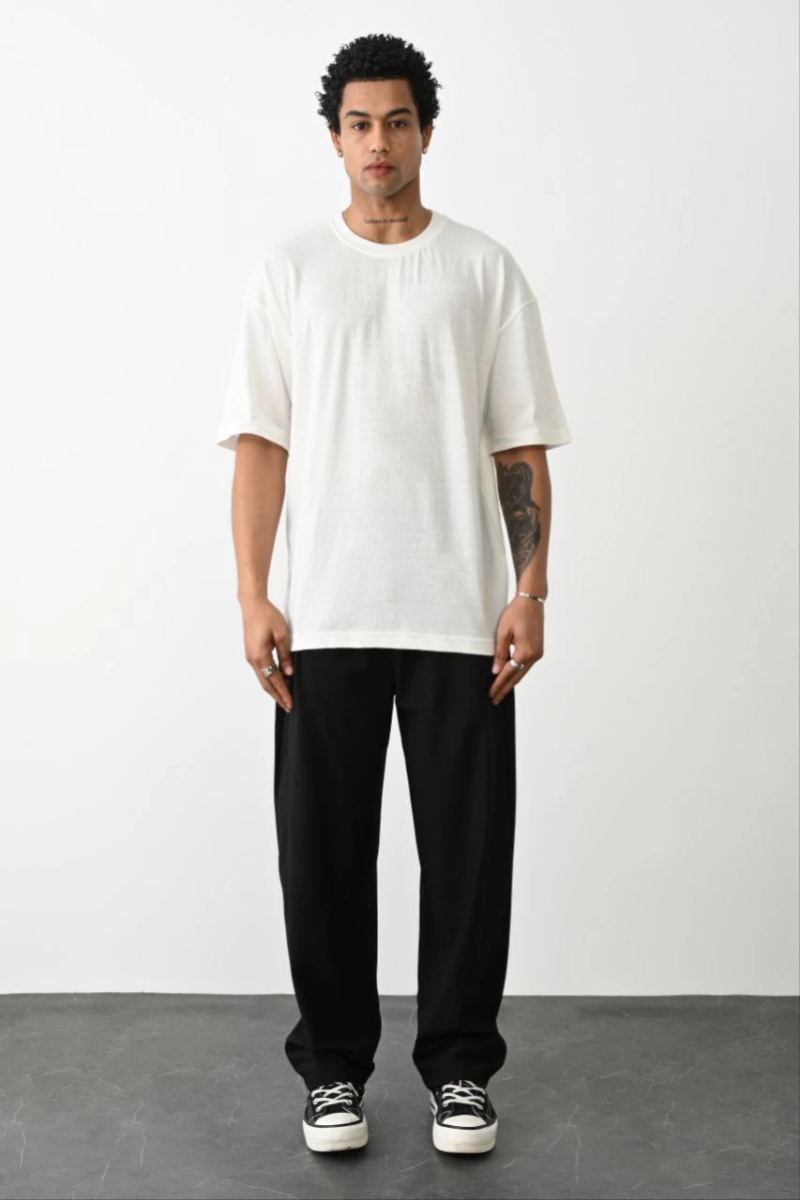 Erkek Tişört Düz Basic Penye Yazlık Bisiklet Yaka Kısa Kol T-Shirt - Beyaz