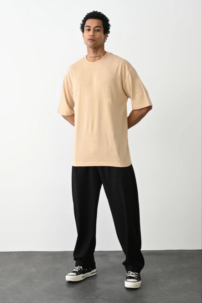Erkek Tişört Düz Basic Penye Yazlık Bisiklet Yaka Kısa Kol T-Shirt - Bej