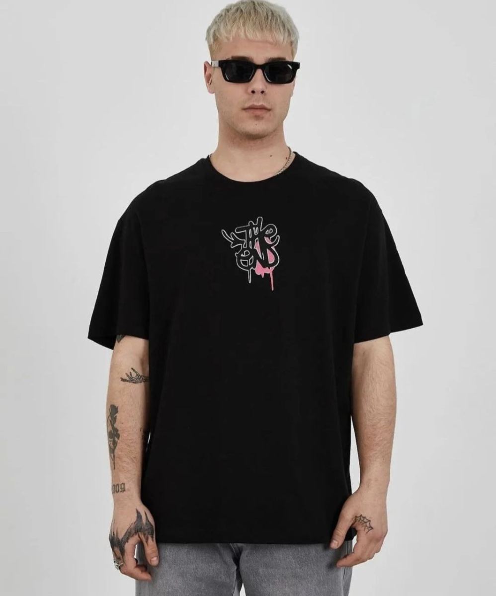 Erkek Kısa Kol Yazlık Tişört Bisiklet Yaka Baskılı Oversize T-Shirt -  Siyah