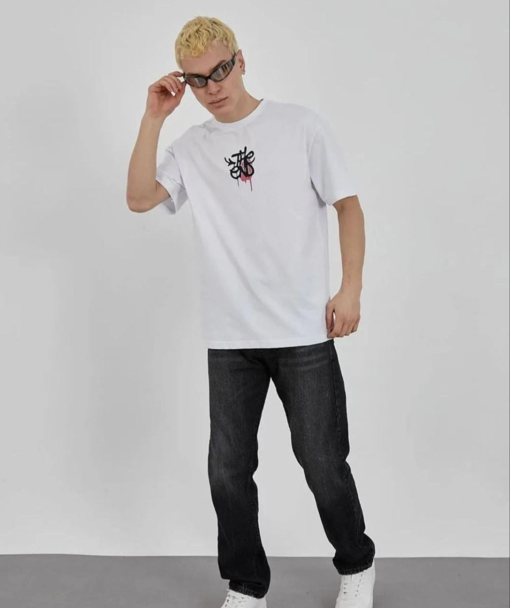 Erkek Kısa Kol Yazlık Tişört Bisiklet Yaka Baskılı Oversize T-Shirt - Beyaz