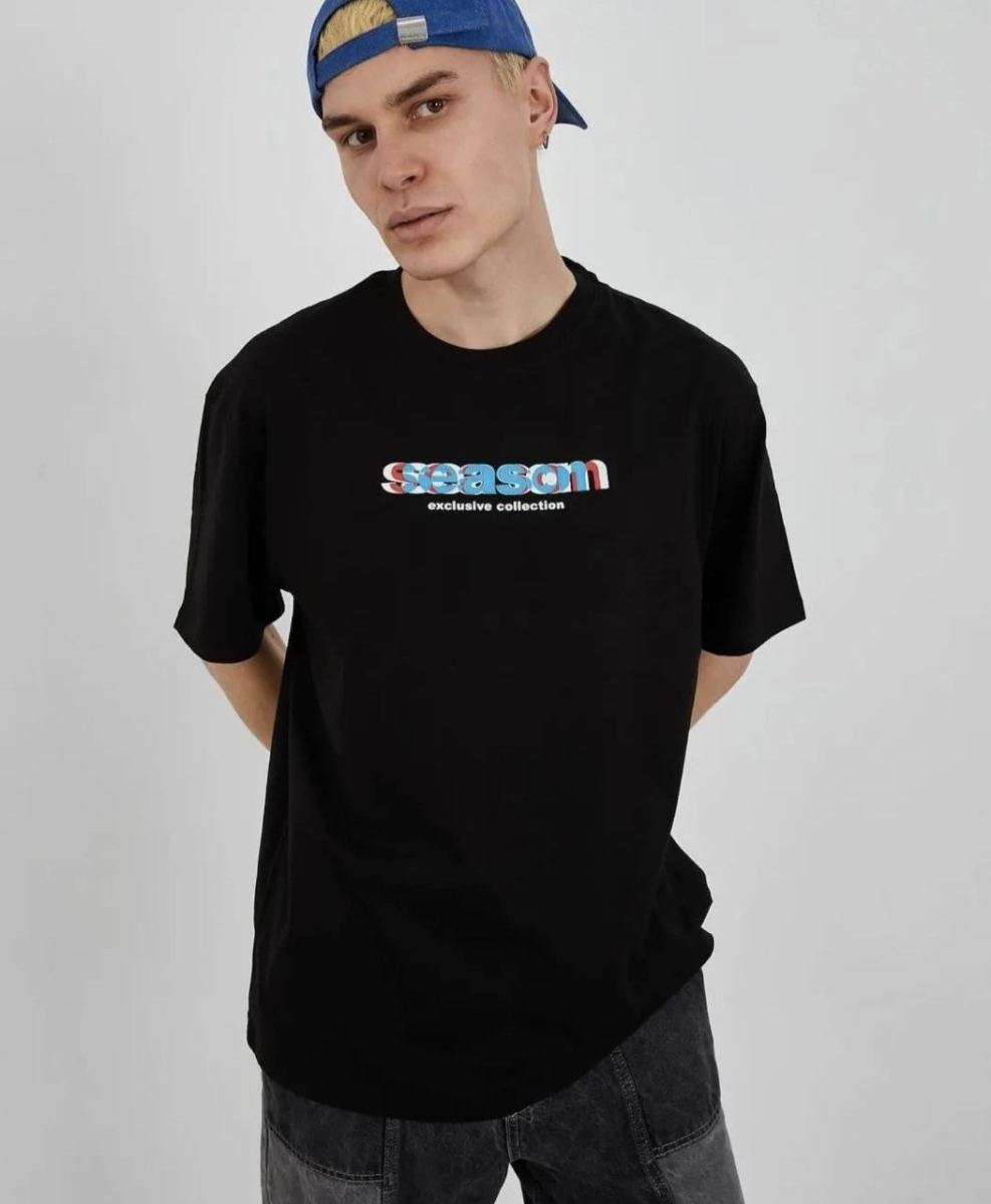 Erkek Kısa Kol Yazlık Tişört Bisiklet Yaka Baskılı Oversize T-Shirt - Siyah