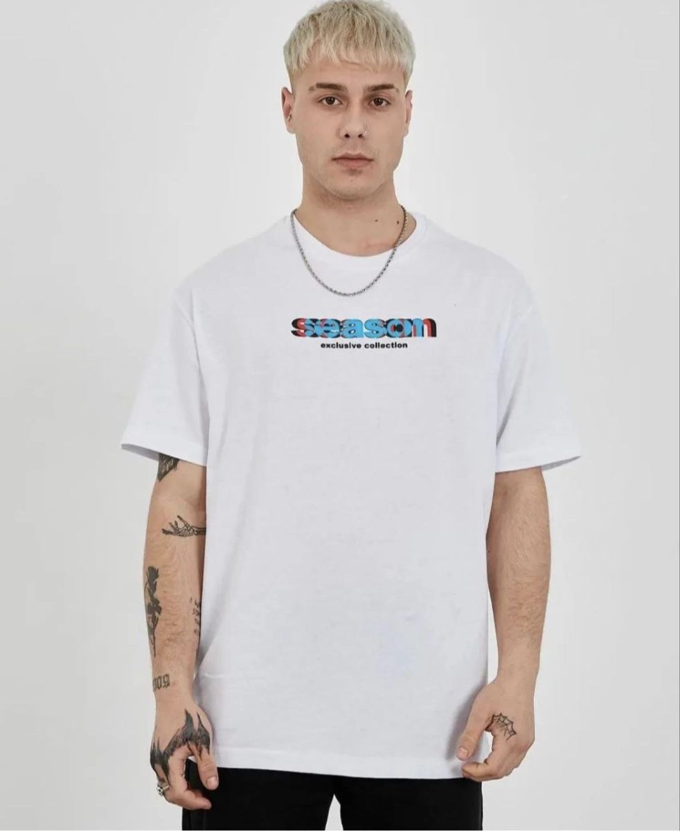 Erkek Kısa Kol Yazlık Tişört Bisiklet Yaka Baskılı Oversize T-Shirt - Beyaz