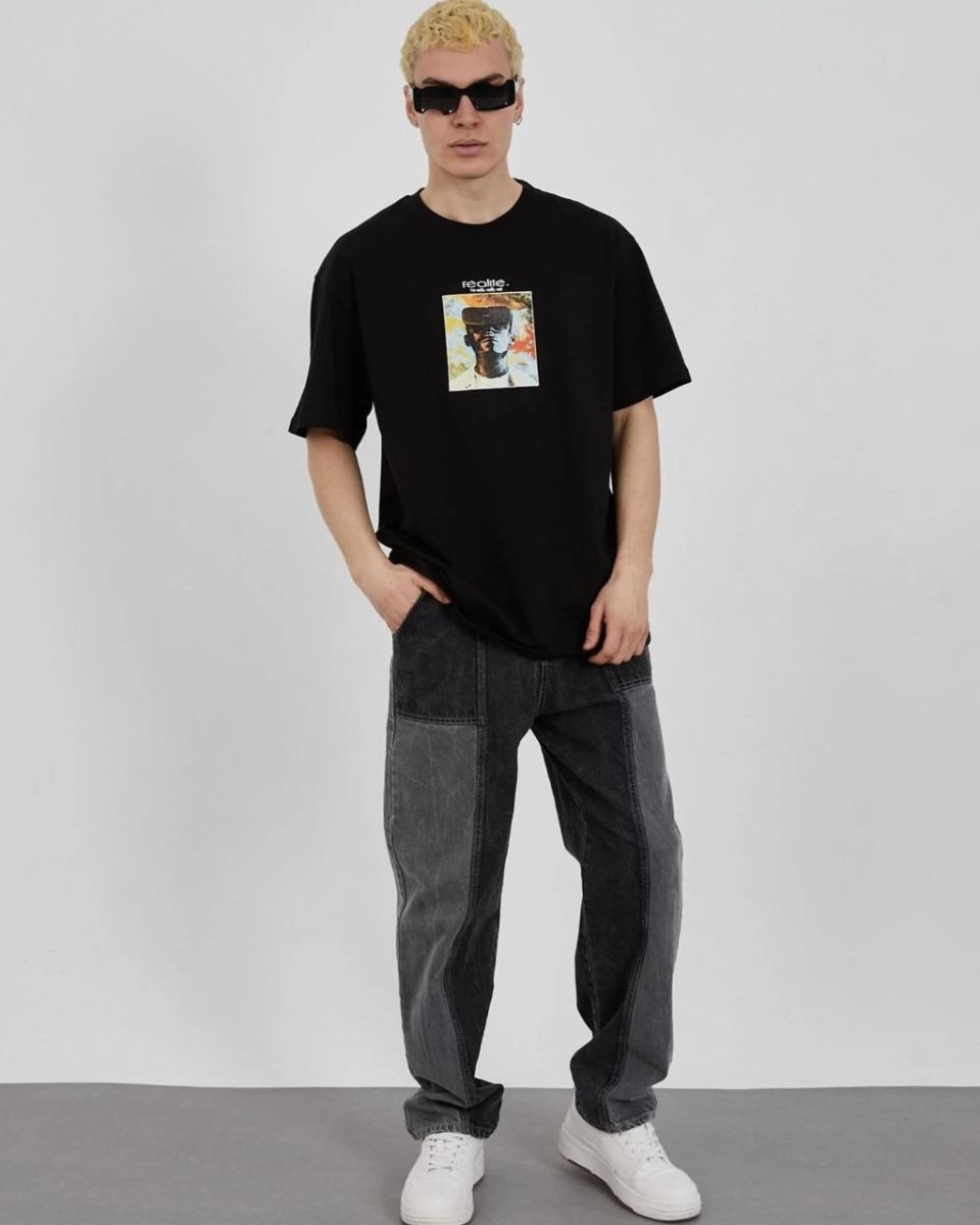 Erkek Kısa Kol Yazlık Tişört Bisiklet Yaka Baskılı Oversize T-Shirt - Siyah
