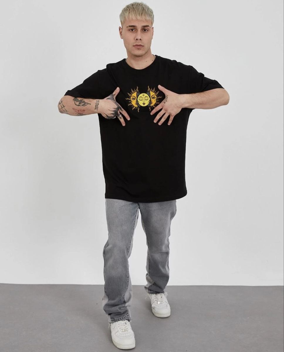 Erkek Kısa Kol Yazlık Tişört Bisiklet Yaka Baskılı Oversize T-Shirt - Siyah