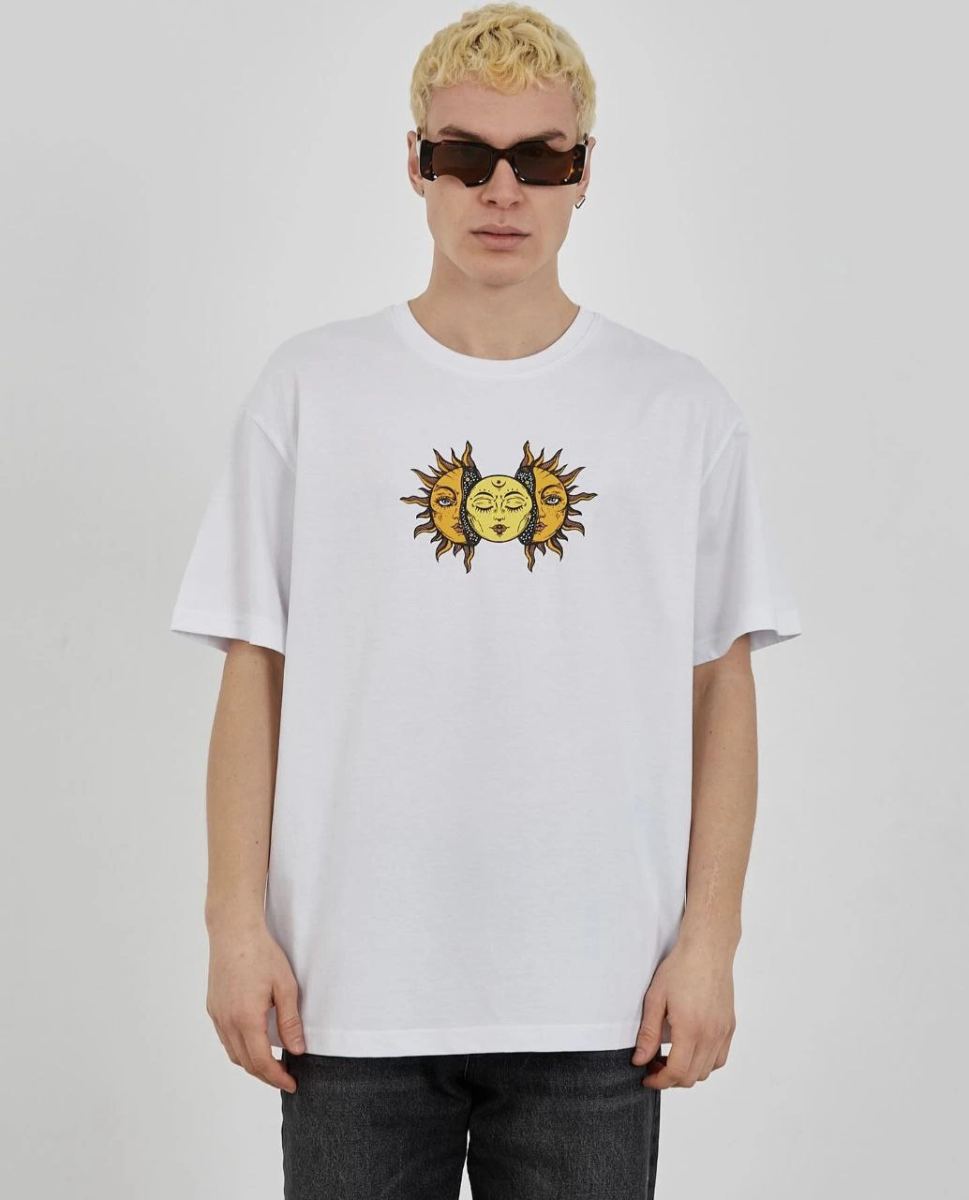 Erkek Kısa Kol Yazlık Tişört Bisiklet Yaka Baskılı Oversize T-Shirt - Beyaz
