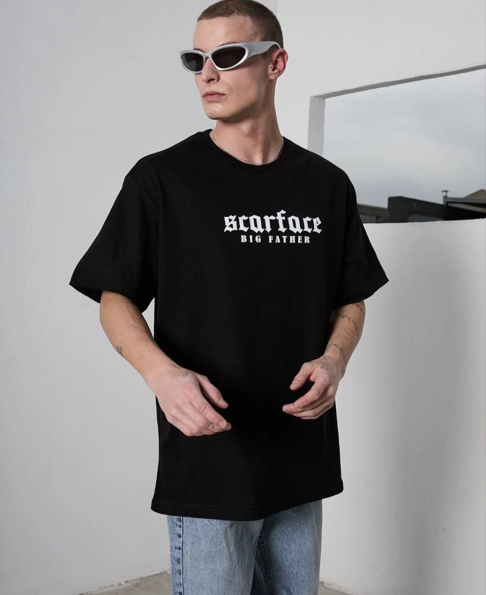 Erkek Kısa Kol Yazlık Tişört Bisiklet Yaka Baskılı Oversize T-Shirt - Siyah