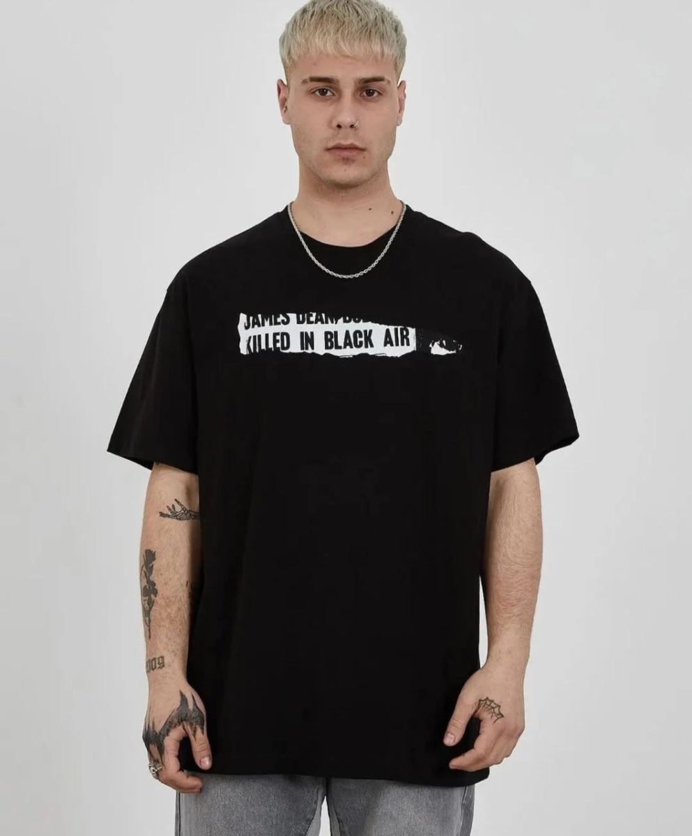 Erkek Kısa Kol Yazlık Tişört Bisiklet Yaka Baskılı Oversize T-Shirt - Siyah