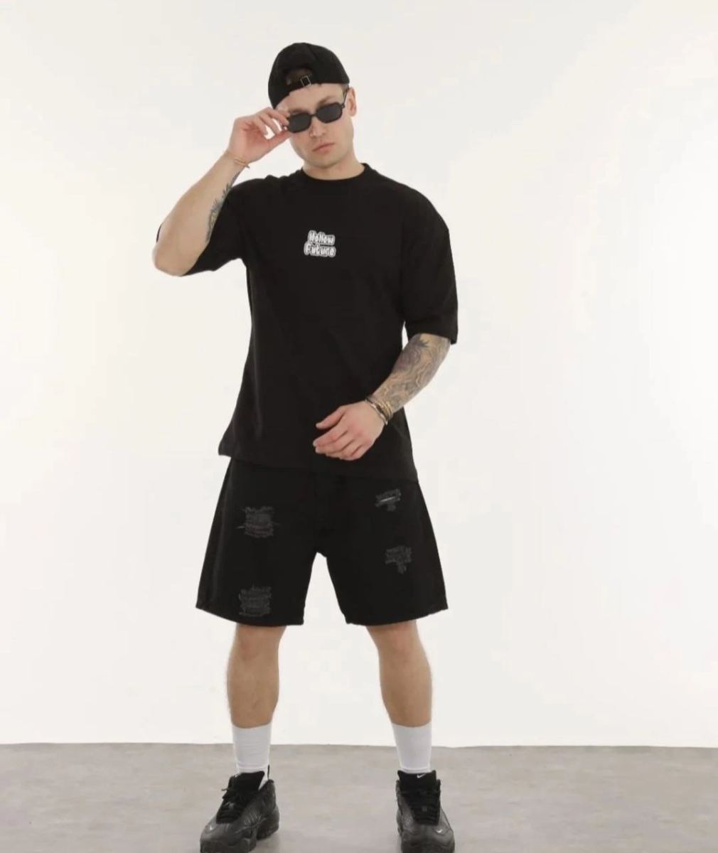 Erkek Kısa Kol Yazlık Tişört Bisiklet Yaka Baskılı Oversize T-Shirt - Siyah