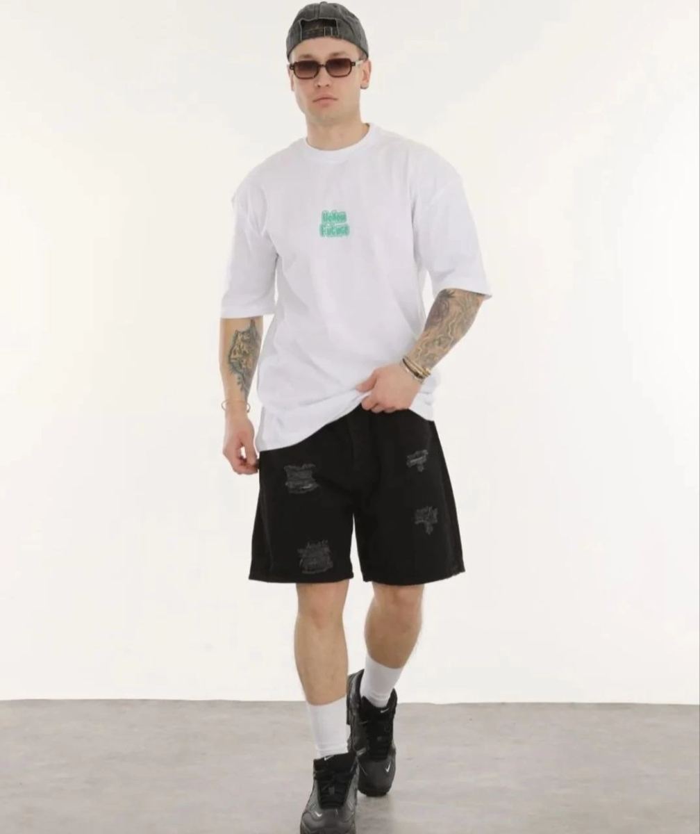 Erkek Kısa Kol Yazlık Tişört Bisiklet Yaka Baskılı Oversize T-Shirt - Beyaz