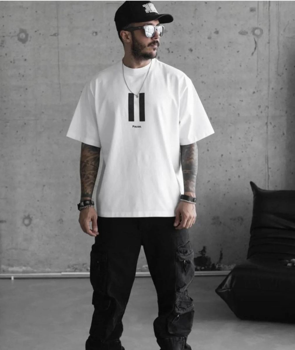 Erkek Kısa Kol Yazlık Tişört Bisiklet Yaka Baskılı Oversize T-Shirt - Beyaz