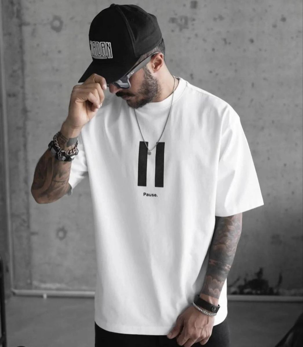 Erkek Kısa Kol Yazlık Tişört Bisiklet Yaka Baskılı Oversize T-Shirt - Beyaz