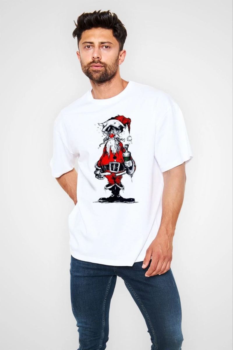 Erkek Kısa Kol Tişört Bisiklet Yaka Yeni Yıl Baskılı T-Shirt - Beyaz