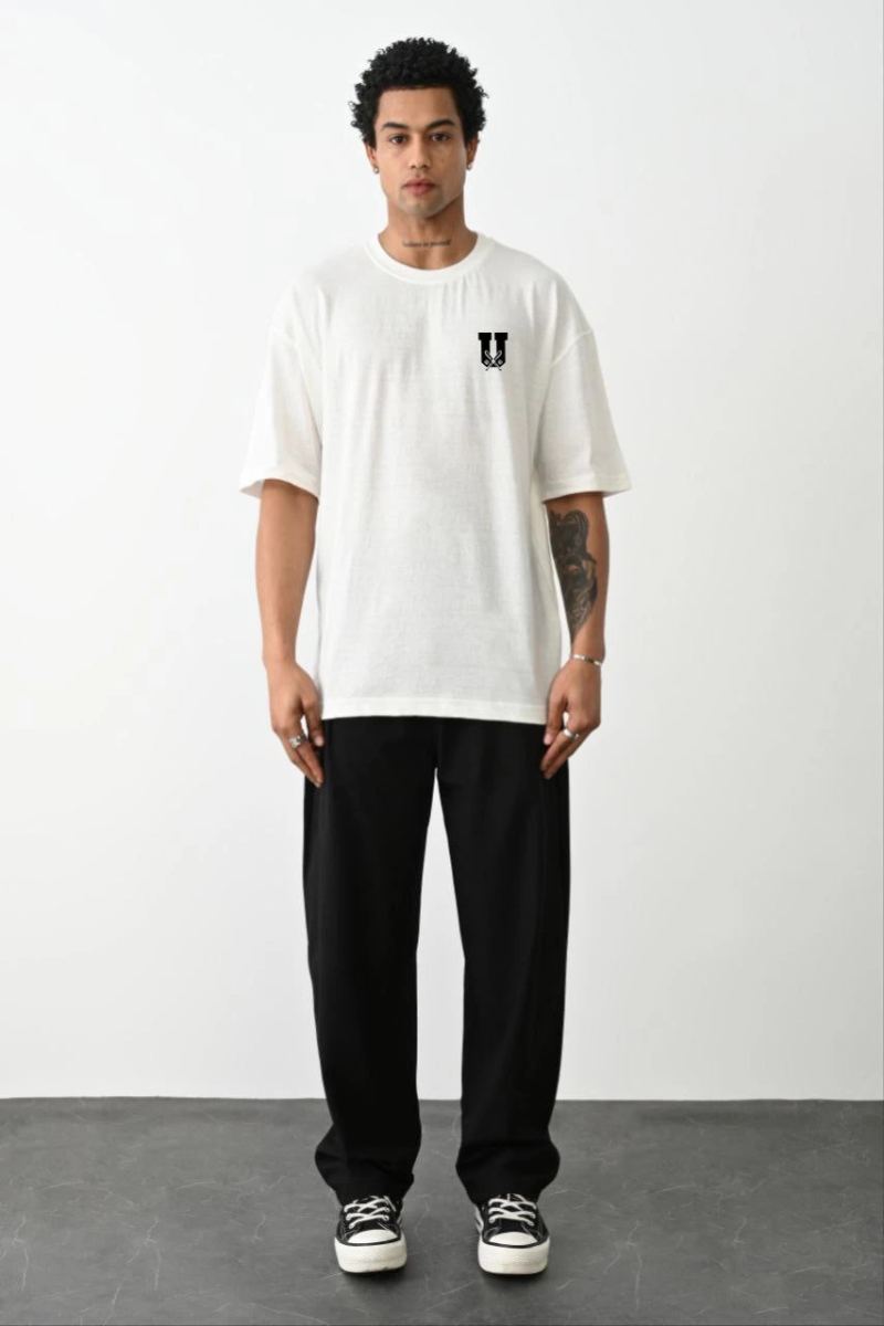 Erkek Kısa Kol Yazlık Tişört Bisiklet Yaka Baskılı Oversize T-Shirt - Beyaz