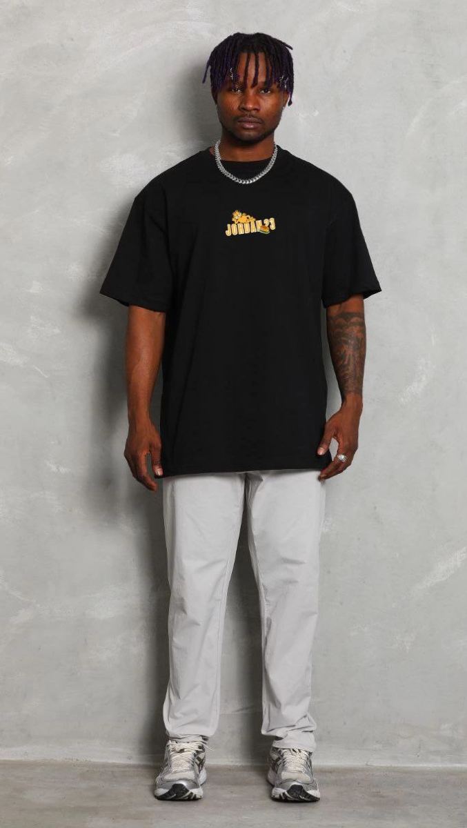 Erkek Kısa Kol Yazlık Tişört Bisiklet Yaka Baskılı Oversize T-Shirt - Siyah
