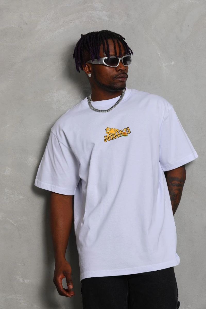 Erkek Kısa Kol Yazlık Tişört Bisiklet Yaka Baskılı Oversize T-Shirt - Beyaz