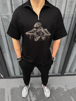 Erkek Yarım Fermuarlı Baskılı Oversize T-Shirt - Siyah