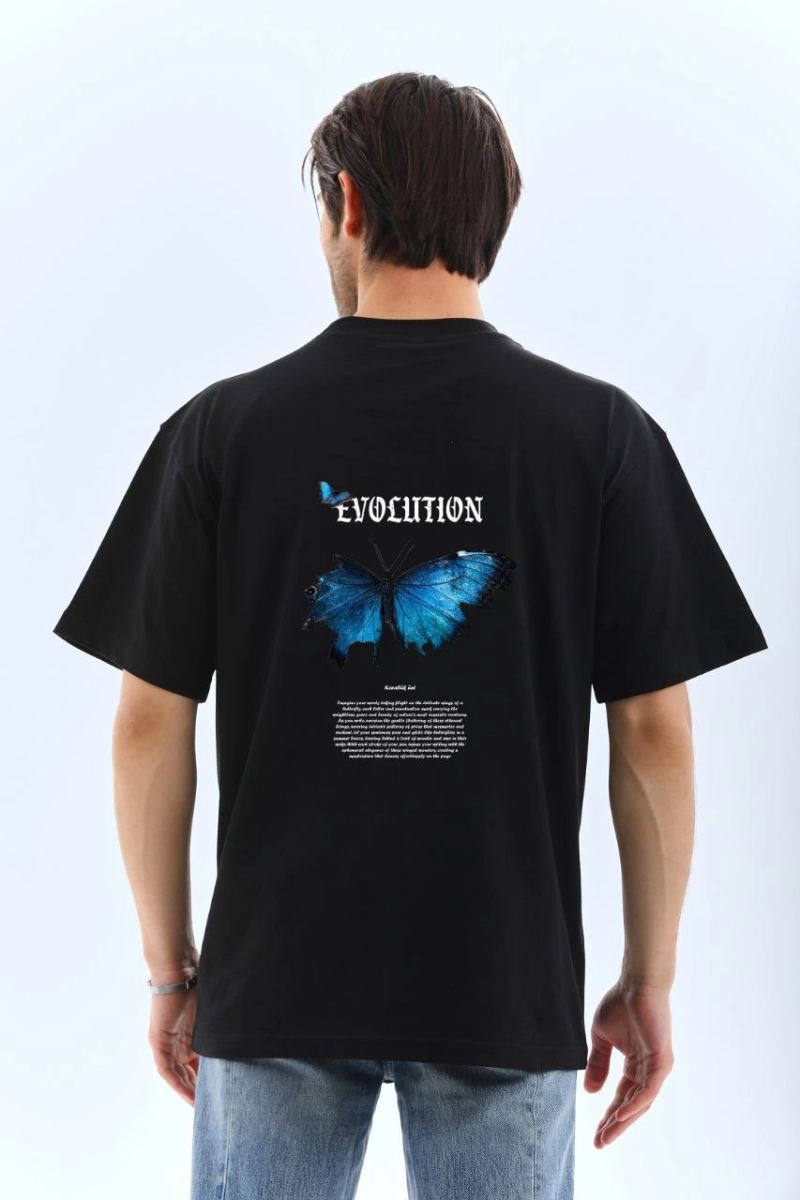 Erkek Kısa Kol Yazlık Tişört Bisiklet Yaka KELEBEK Baskılı  T-Shirt - Siyah
