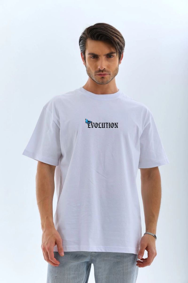 Erkek Kısa Kol Yazlık Tişört Bisiklet Yaka KELEBEK Baskılı T-Shirt - Beyaz