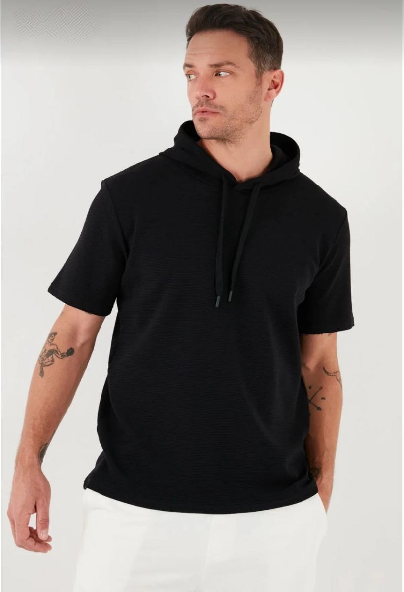 Erkek Kapüşonlu Tişört Kısa Kol Düz Oversize T-shirt - Siyah