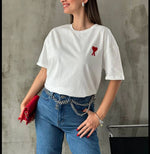 Kadın Tişört Bisiklet Yaka Baskılı Oversize Kısa Kol T-Shirt - Beyaz