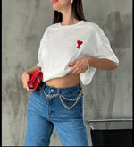 Kadın Tişört Bisiklet Yaka Baskılı Oversize Kısa Kol T-Shirt - Beyaz