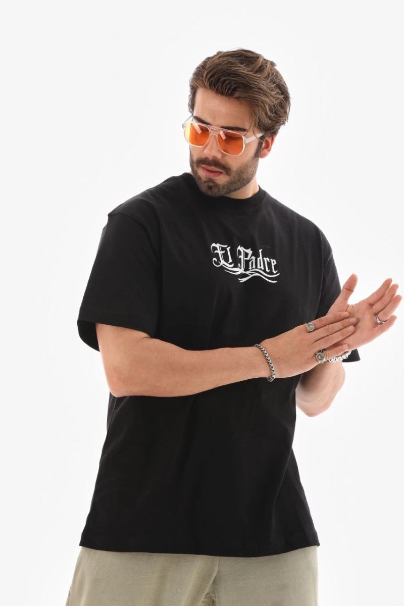 Erkek Kısa Kol Yazlık Tişört Bisiklet Yaka Baskılı Oversize T-Shirt - Siyah