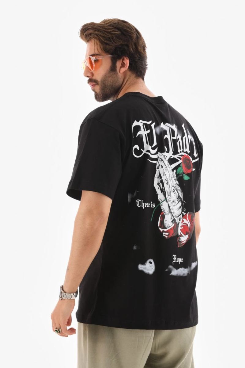 Erkek Kısa Kol Yazlık Tişört Bisiklet Yaka Baskılı Oversize T-Shirt - Siyah