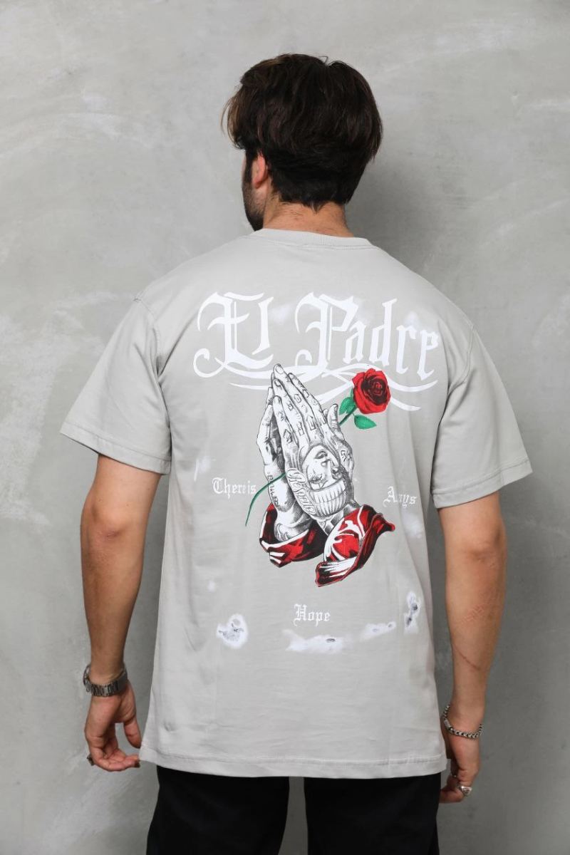 Erkek Kısa Kol Yazlık Tişört Bisiklet Yaka Baskılı Oversize T-Shirt - Gri