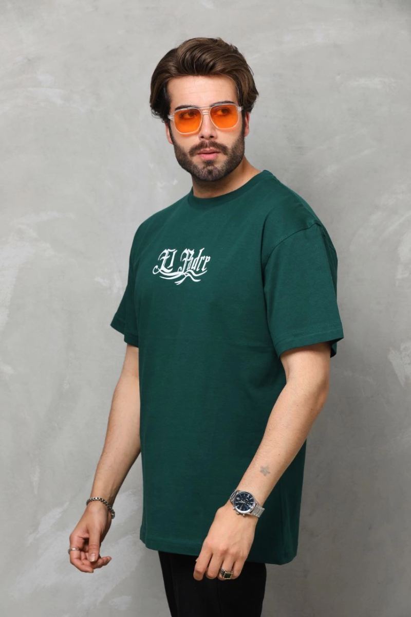 Erkek Kısa Kol Yazlık Tişört Bisiklet Yaka Baskılı Oversize T-Shirt - Yeşil