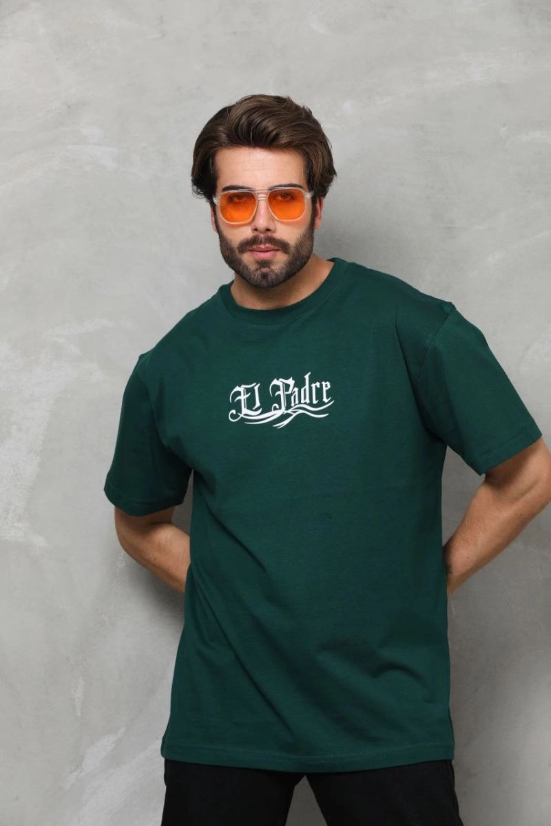 Erkek Kısa Kol Yazlık Tişört Bisiklet Yaka Baskılı Oversize T-Shirt - Yeşil