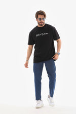 Erkek Kısa Kol Yazlık Tişört Bisiklet Yaka Baskılı Oversize T-Shirt - Siyah