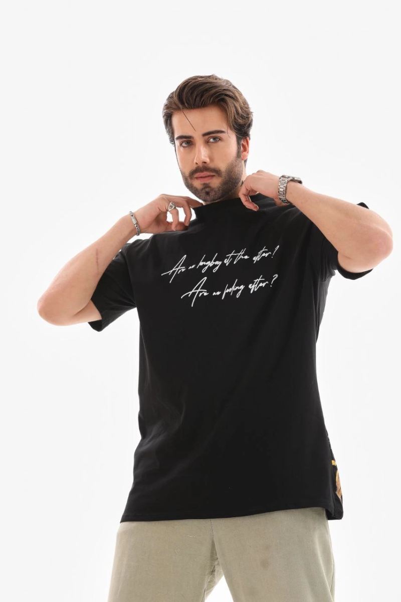 Erkek Kısa Kol Yazlık Tişört Bisiklet Yaka Baskılı Oversize T-Shirt - Siyah
