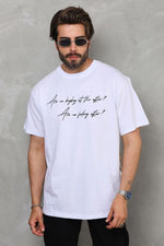 Erkek Kısa Kol Yazlık Tişört Bisiklet Yaka Baskılı Oversize T-Shirt - Beyaz