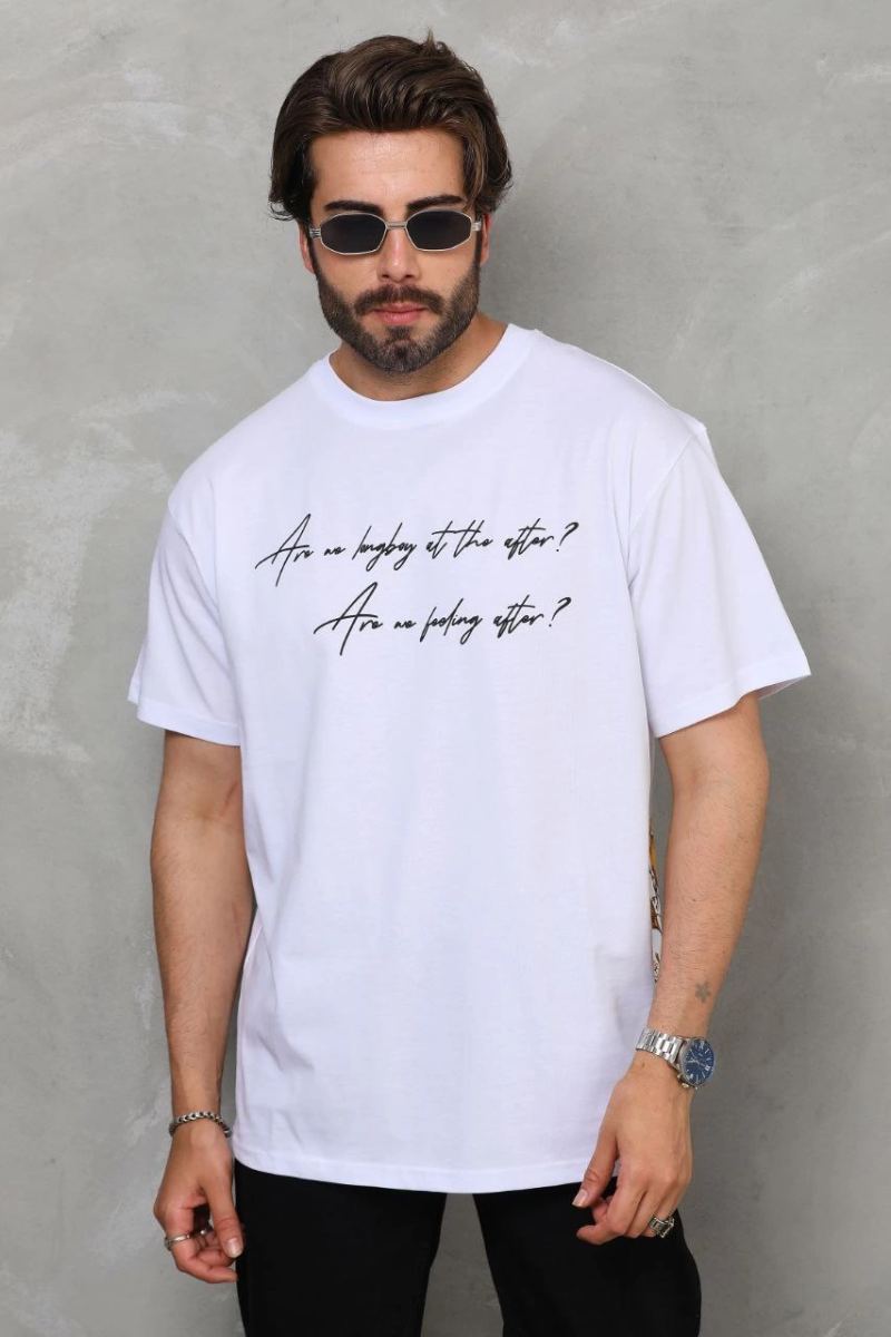 Erkek Kısa Kol Yazlık Tişört Bisiklet Yaka Baskılı Oversize T-Shirt - Beyaz