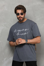 Erkek Kısa Kol Yazlık Tişört Bisiklet Yaka Baskılı Oversize T-Shirt - Füme