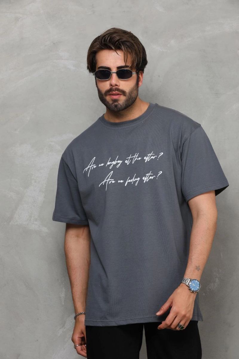 Erkek Kısa Kol Yazlık Tişört Bisiklet Yaka Baskılı Oversize T-Shirt - Füme