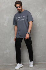 Erkek Kısa Kol Yazlık Tişört Bisiklet Yaka Baskılı Oversize T-Shirt - Füme