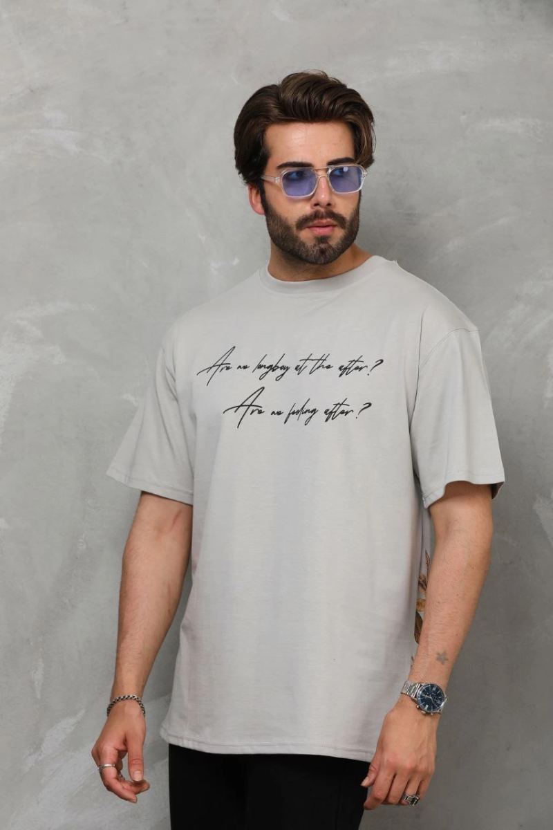 Erkek Kısa Kol Yazlık Tişört Bisiklet Yaka Baskılı Oversize T-Shirt - Gri