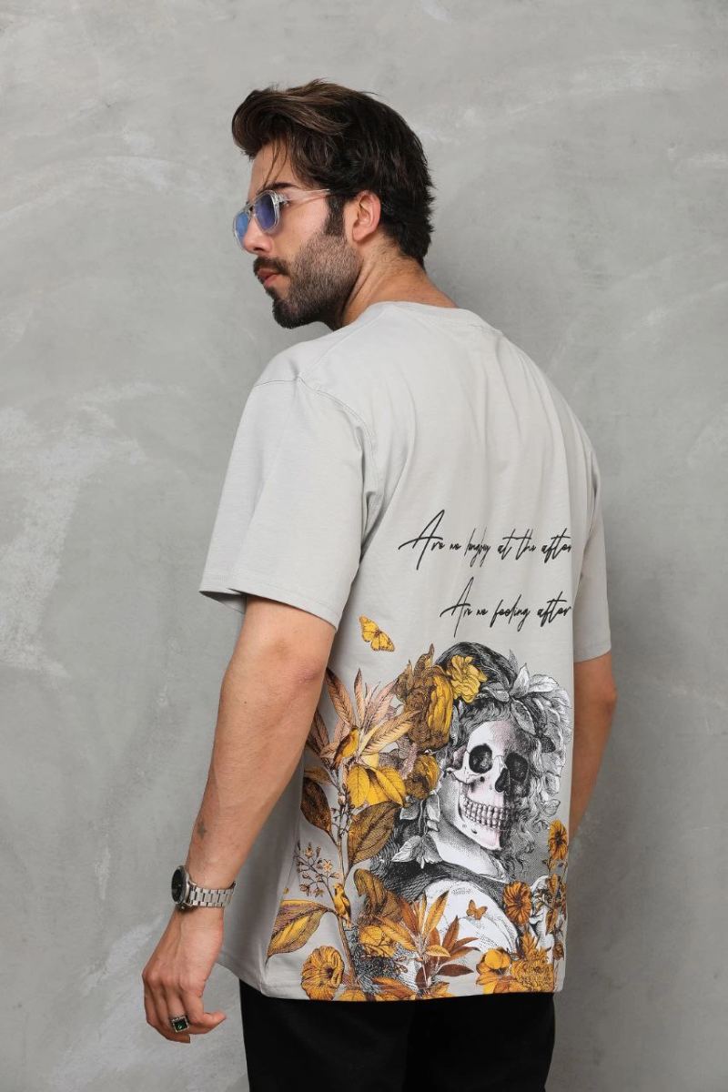 Erkek Kısa Kol Yazlık Tişört Bisiklet Yaka Baskılı Oversize T-Shirt - Gri
