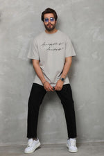 Erkek Kısa Kol Yazlık Tişört Bisiklet Yaka Baskılı Oversize T-Shirt - Gri