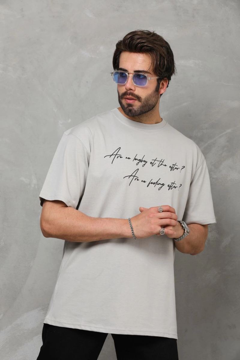 Erkek Kısa Kol Yazlık Tişört Bisiklet Yaka Baskılı Oversize T-Shirt - Gri
