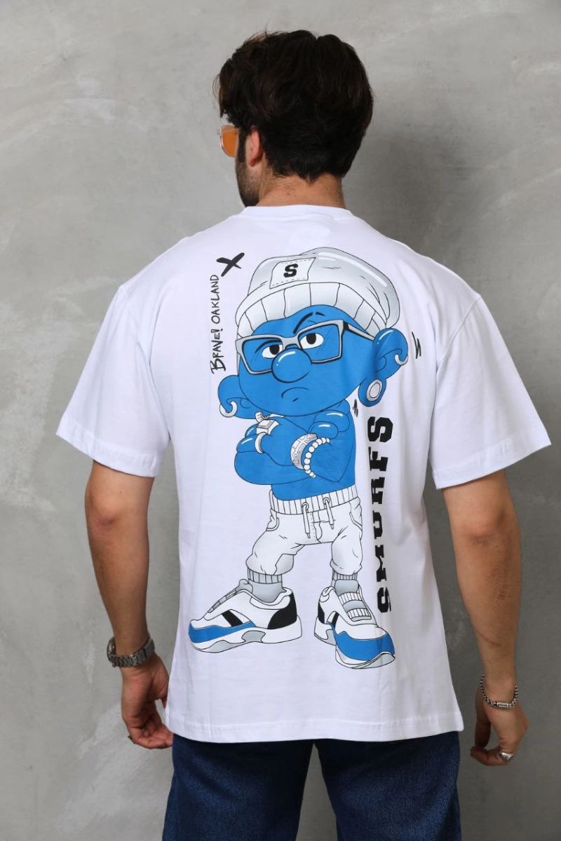 Erkek Kısa Kol Yazlık Tişört Bisiklet Yaka Baskılı Oversize T-Shirt - Beyaz