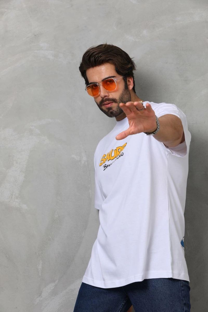 Erkek Kısa Kol Yazlık Tişört Bisiklet Yaka Baskılı Oversize T-Shirt - Beyaz